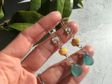 Japanese Aqua Sea Glass & Antique Amber Earrings, sterling silver