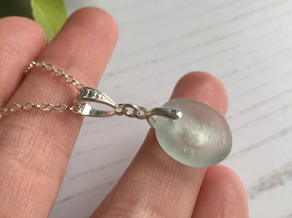 Japanese Sea Glass Ohajiki Necklace, sea foam with dimple