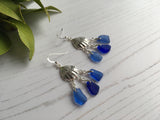 Blue Mix Sea Glass Shell Chandelier Earrings, Sterling Silver